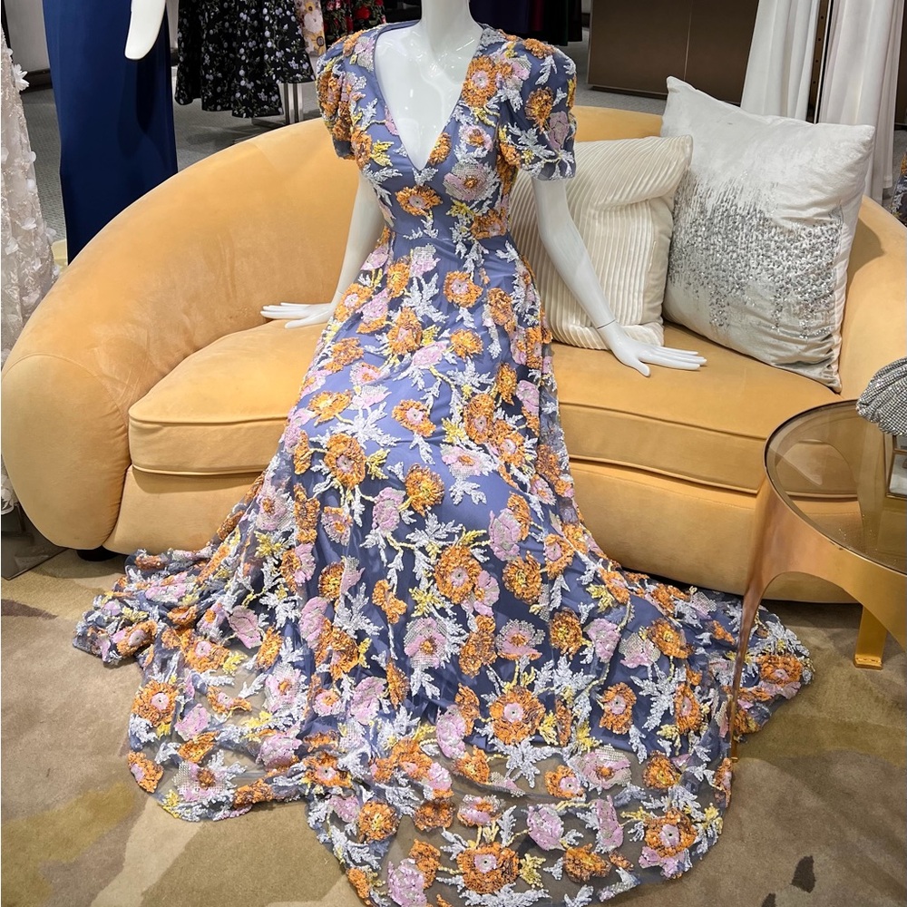 Jovani Puff-Sleeve Floral Sequin Gown